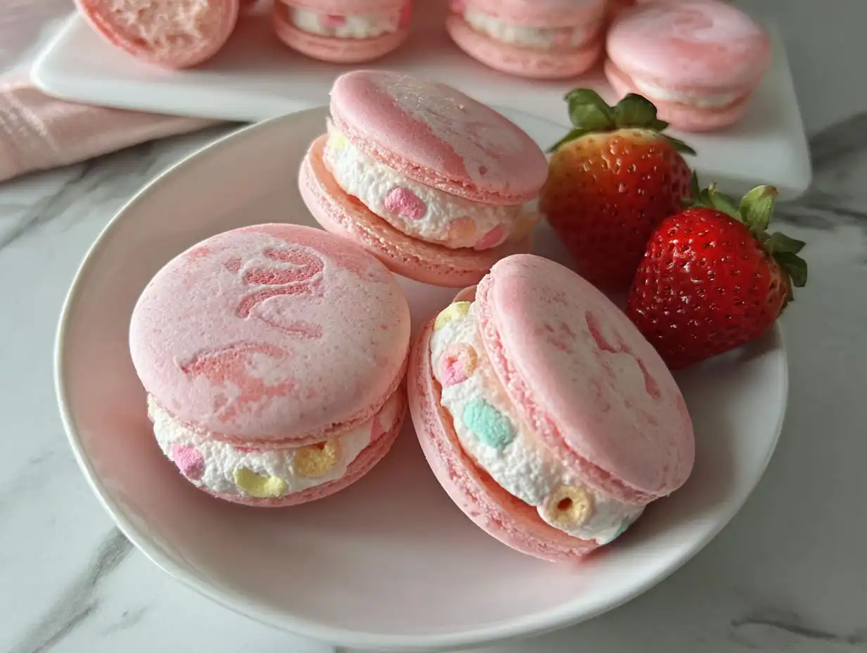 Three pink Lucky Charms Strawberry Macarons filled with cream and cereal pieces, served with fresh strawberries.