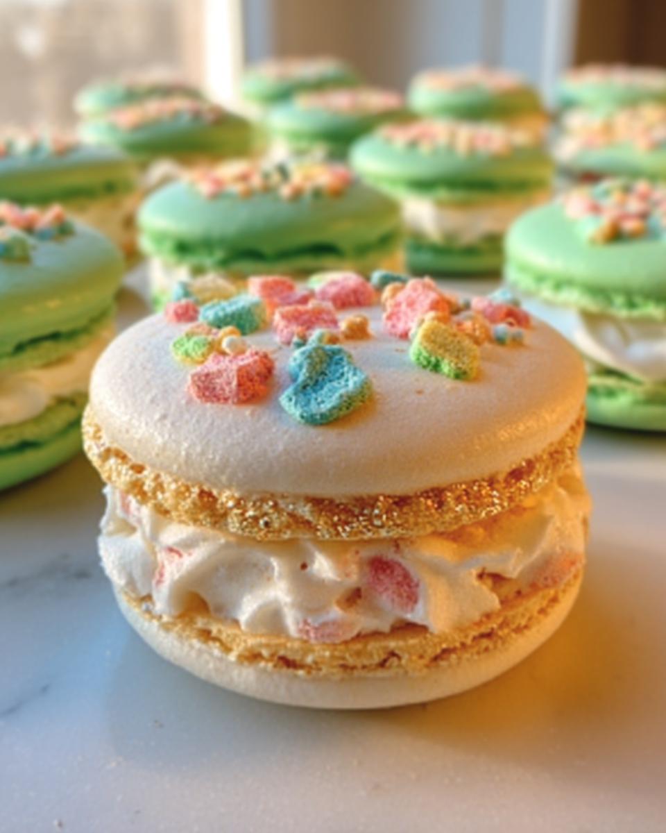A close-up of a Lucky Charms Vanilla Buttercream Macaron with white shells and colorful cereal pieces on top.