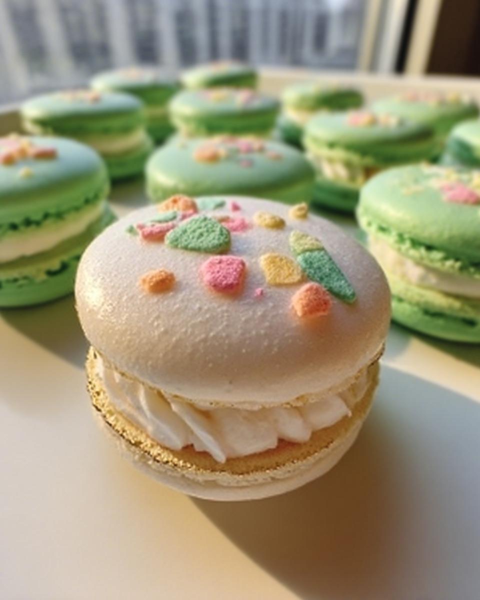 A close-up of one white-topped Lucky Charms Vanilla Buttercream Macaron decorated with colorful sprinkles, with more green macarons blurred in the background.