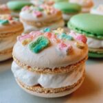 A close-up of a Lucky Charms Vanilla Buttercream Macaron topped with colorful marshmallows and gold dust.