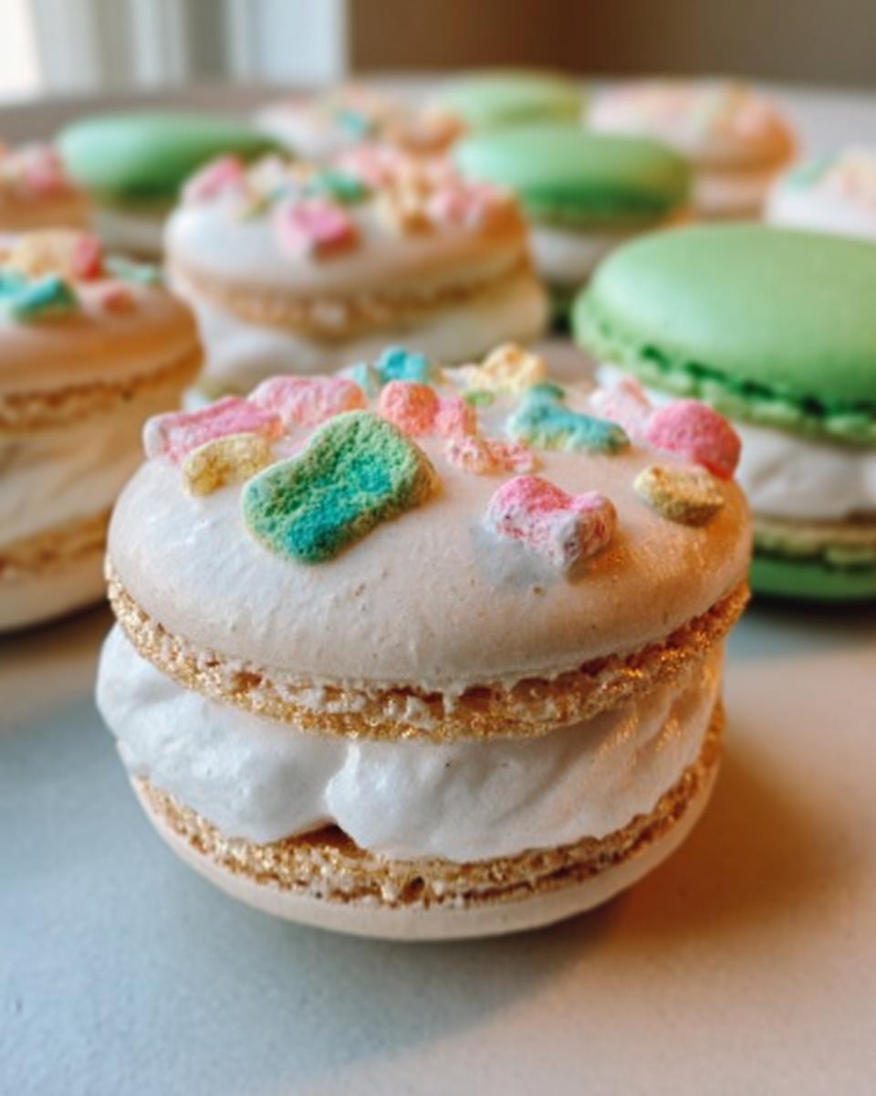 A close-up of a Lucky Charms Vanilla Buttercream Macaron topped with colorful marshmallows and gold dust.