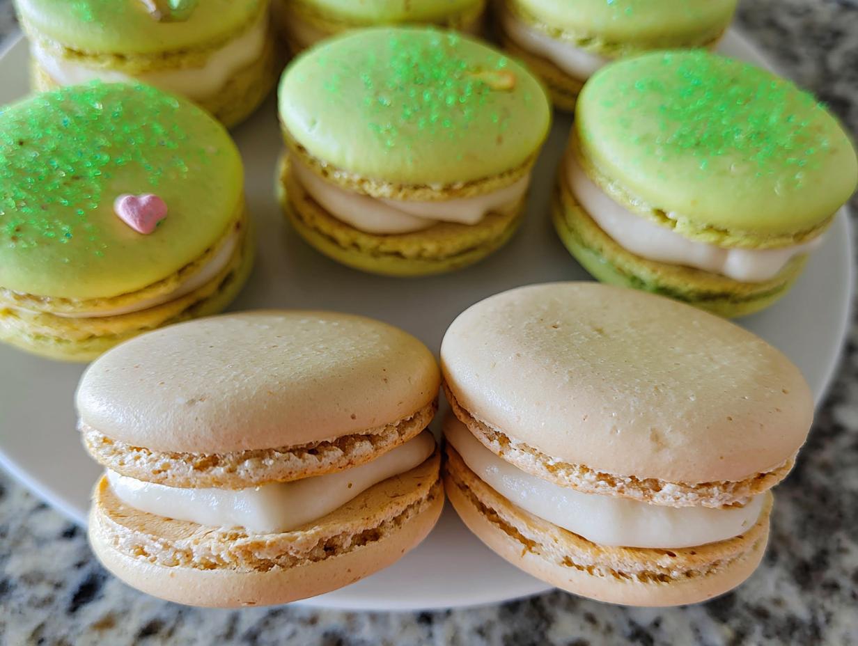 A plate featuring several Lucky Charms White Chocolate Macarons, some green and sprinkled, others plain beige with white filling.