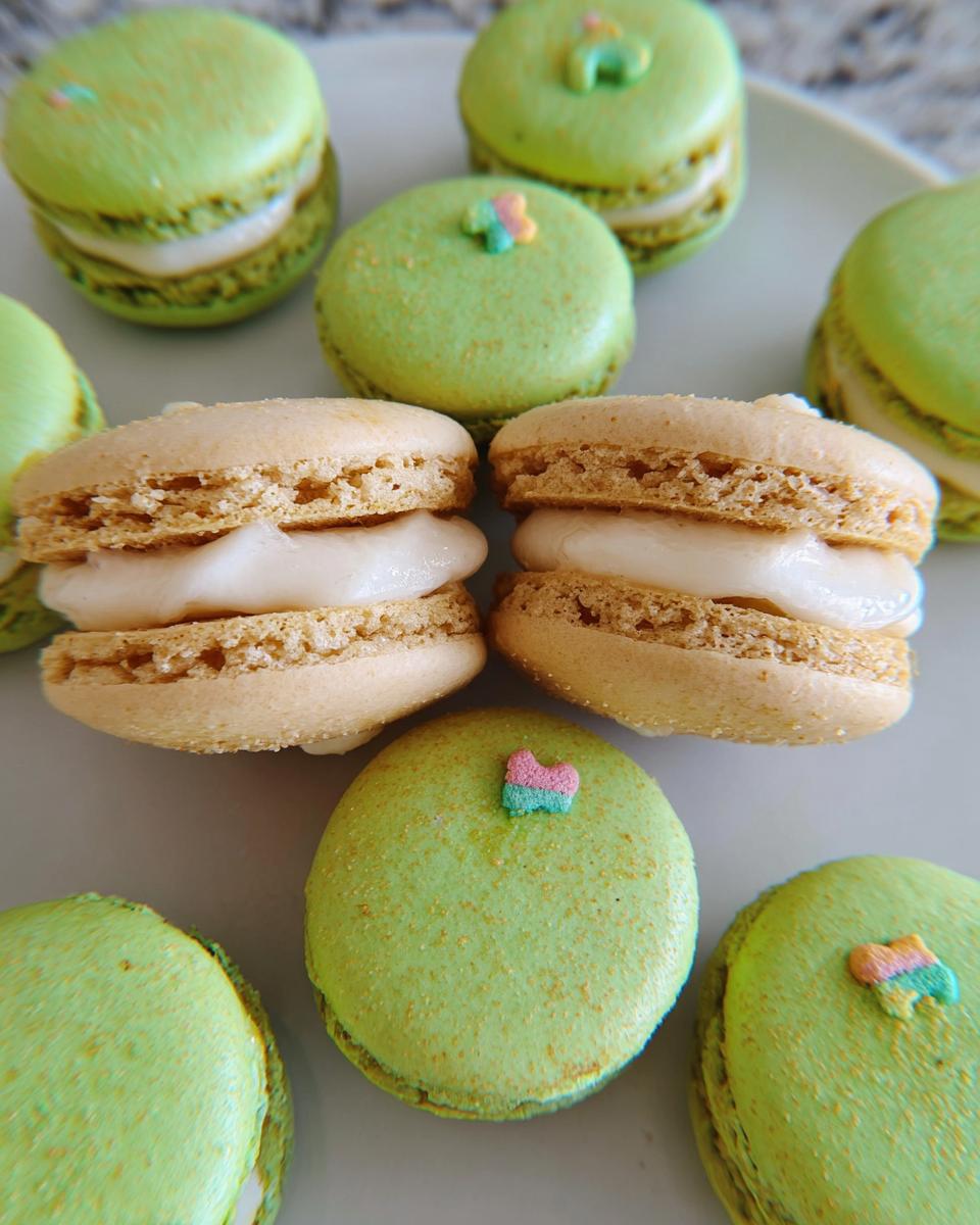 A close-up of several Lucky Charms White Chocolate Macarons, featuring green shells and white filling, some topped with marshmallow shapes.