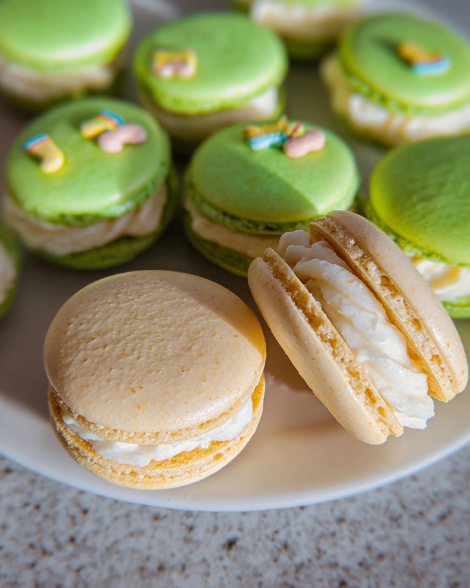 Close-up of Lucky Charms White Chocolate Macarons, featuring green and tan shells, one broken open.