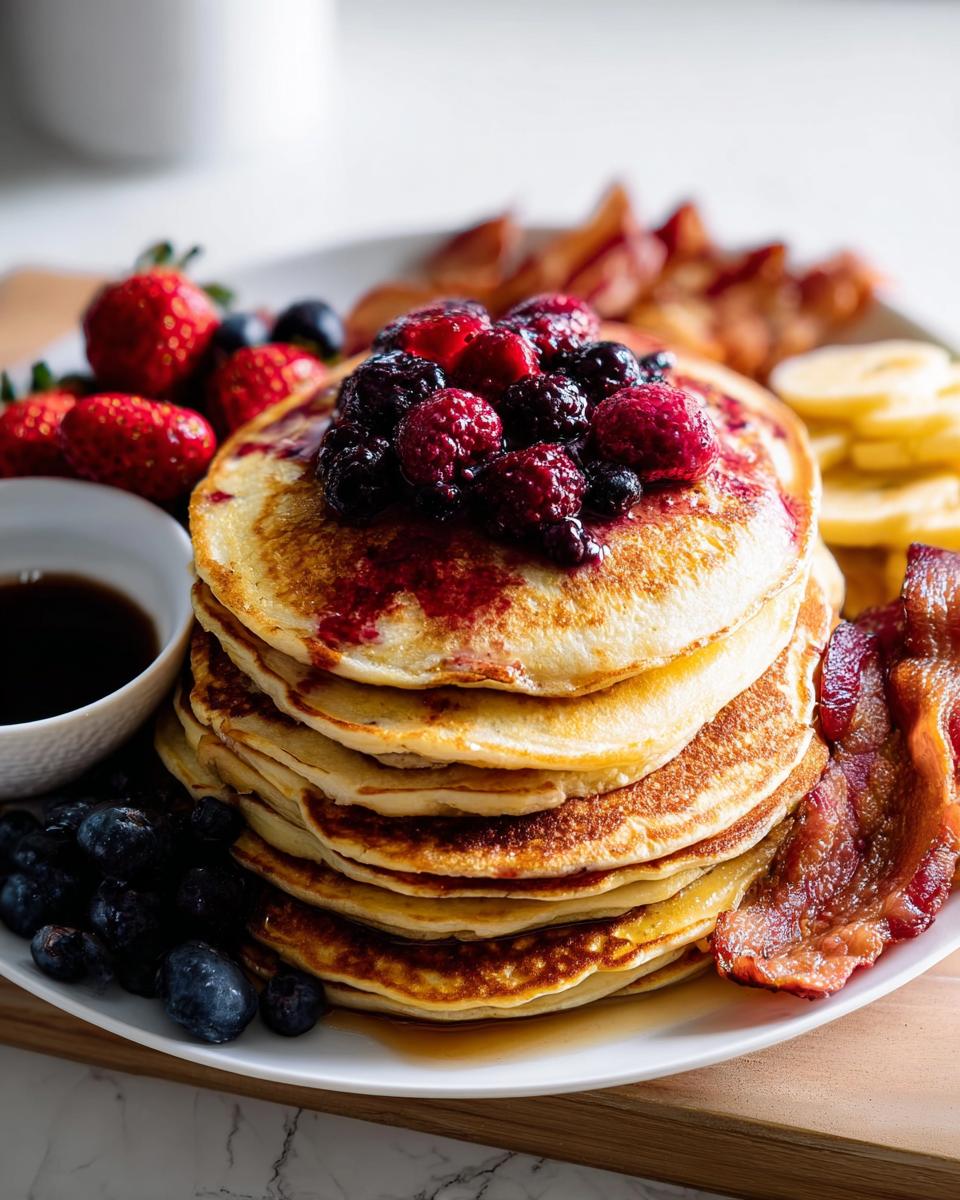 Stack of fluffy pancakes topped with mixed berries, served with bacon for a Make-Ahead Pancake Breakfast.