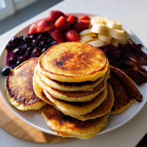 Stack of golden brown pancakes served with fresh strawberries, blueberries, bananas, and crispy bacon for a Make-Ahead Pancake Breakfast.