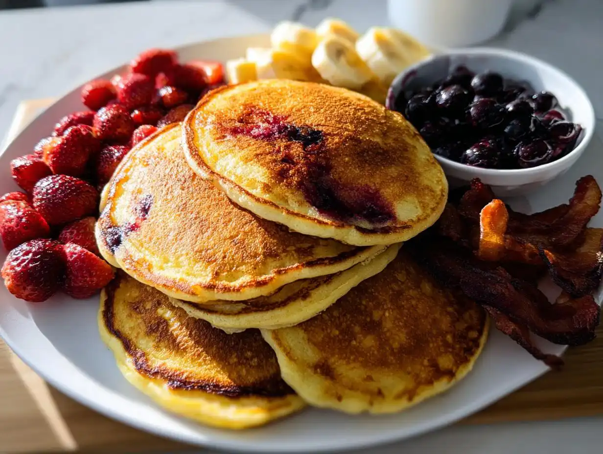 Stack of golden pancakes served with strawberries, blueberries, bananas, and crispy bacon for a Make-Ahead Pancake Breakfast.