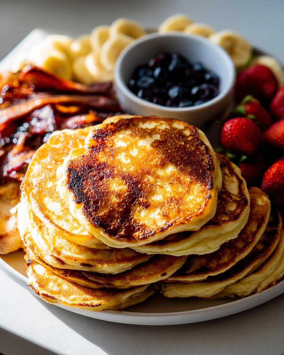 A tall stack of golden brown, fluffy pancakes ready for a Make-Ahead Pancake Breakfast for the Week.