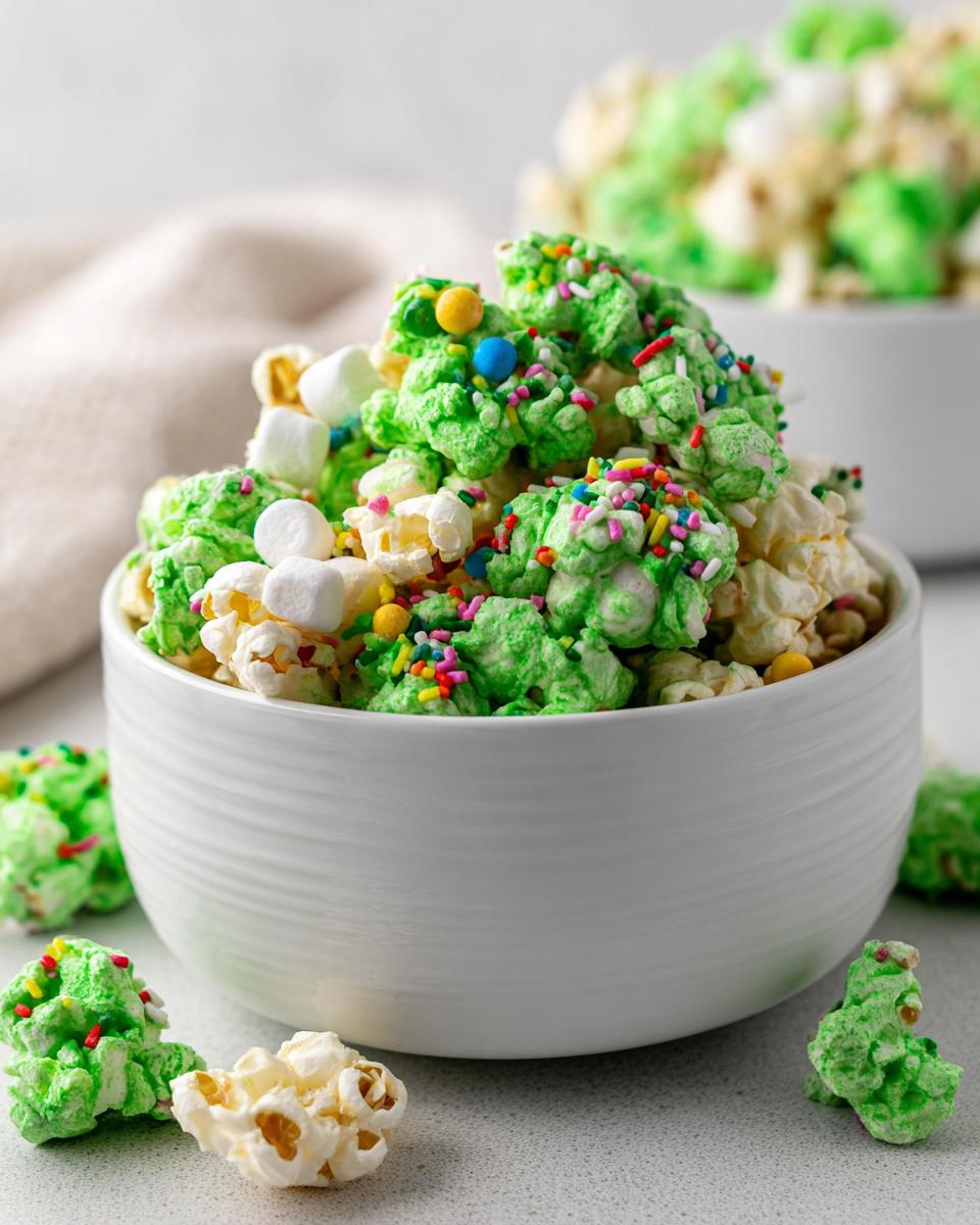 A white bowl filled with bright green and plain Marshmallow Leprechaun Popcorn, topped with mini marshmallows and colorful sprinkles.