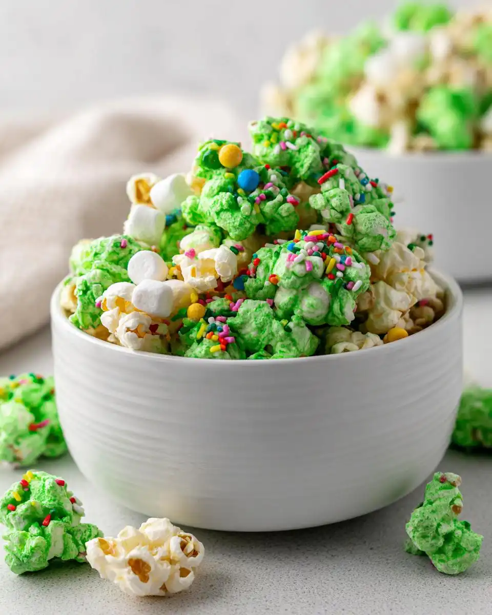 A white bowl filled with bright green and plain Marshmallow Leprechaun Popcorn, topped with mini marshmallows and colorful sprinkles.
