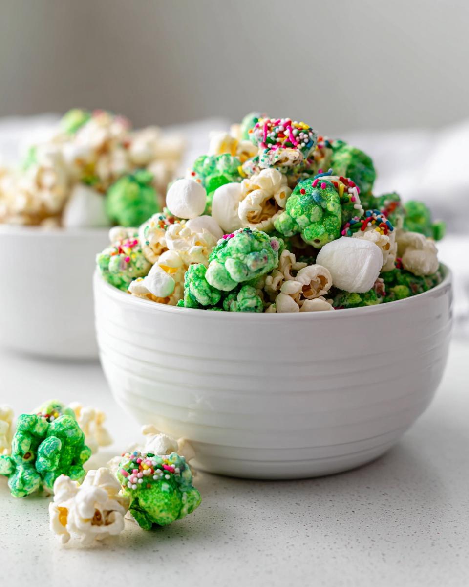 A white bowl filled with vibrant green and white Marshmallow Leprechaun Popcorn topped with colorful sprinkles.
