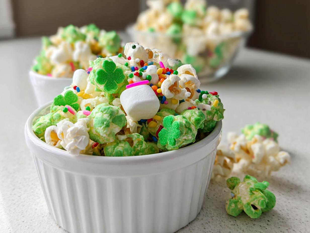 Close-up of Marshmallow Leprechaun Popcorn mixed with green pieces, marshmallows, and sprinkles in a white bowl.