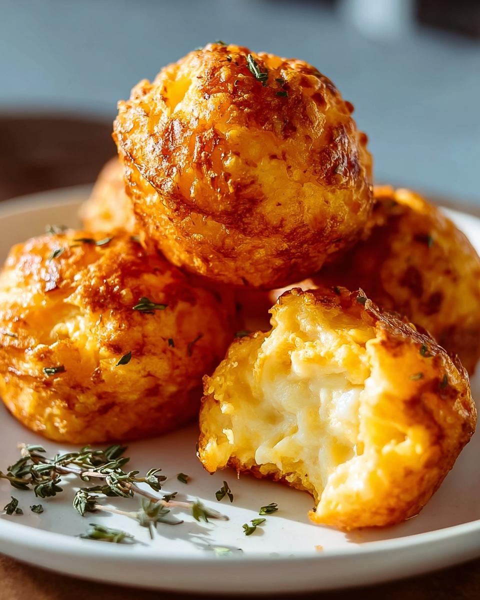 Close-up of golden brown Mashed Sweet Potato Cheese Puffs, one broken open revealing a melted cheese center.