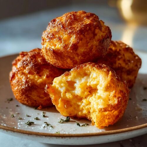 Close-up of golden brown Mashed Sweet Potato Cheese Puffs, one broken open showing the fluffy interior.