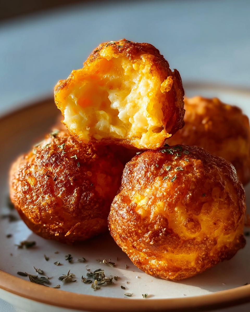 Close-up of golden brown Mashed Sweet Potato Cheese Puffs, one broken open showing the soft interior.