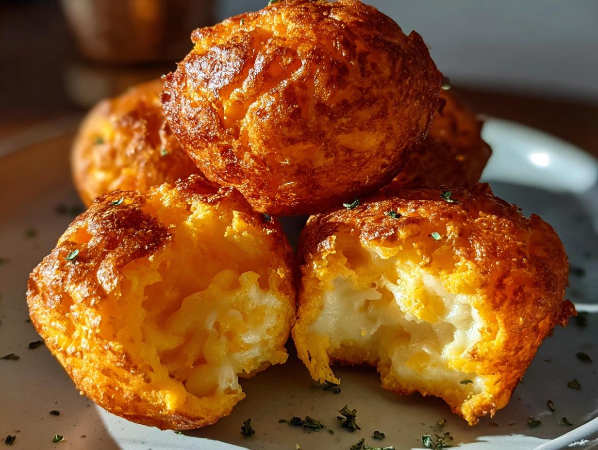 Close-up of golden brown Mashed Sweet Potato Cheese Puffs, one broken open showing the cheesy interior.