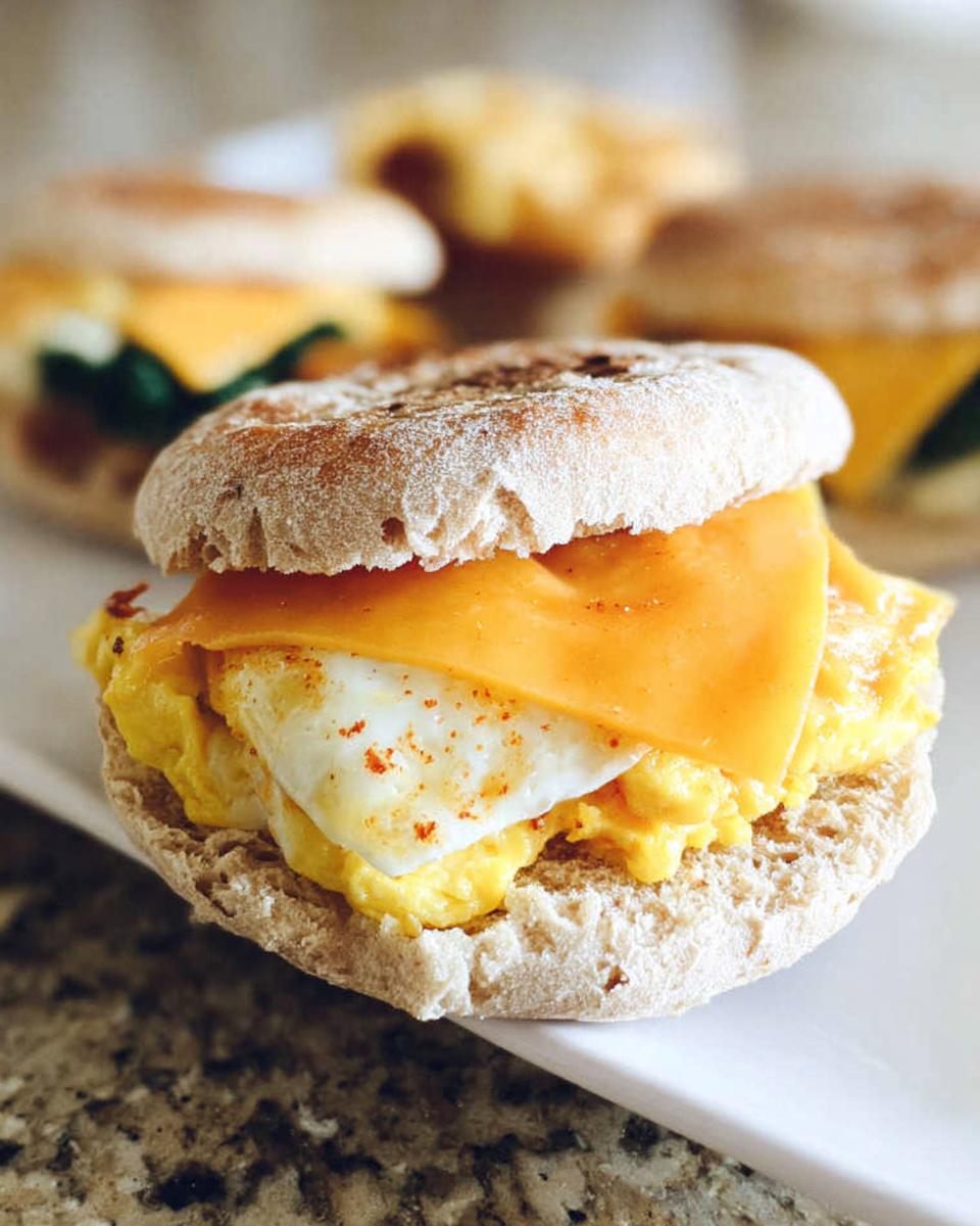 Close-up of a breakfast sandwich on an English muffin with scrambled egg, fried egg white, and melted cheddar cheese, perfect for meal prep.