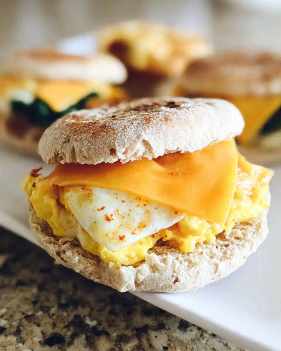 Close-up of a breakfast sandwich on an English muffin with scrambled egg, fried egg white, and melted cheddar cheese, perfect for meal prep.
