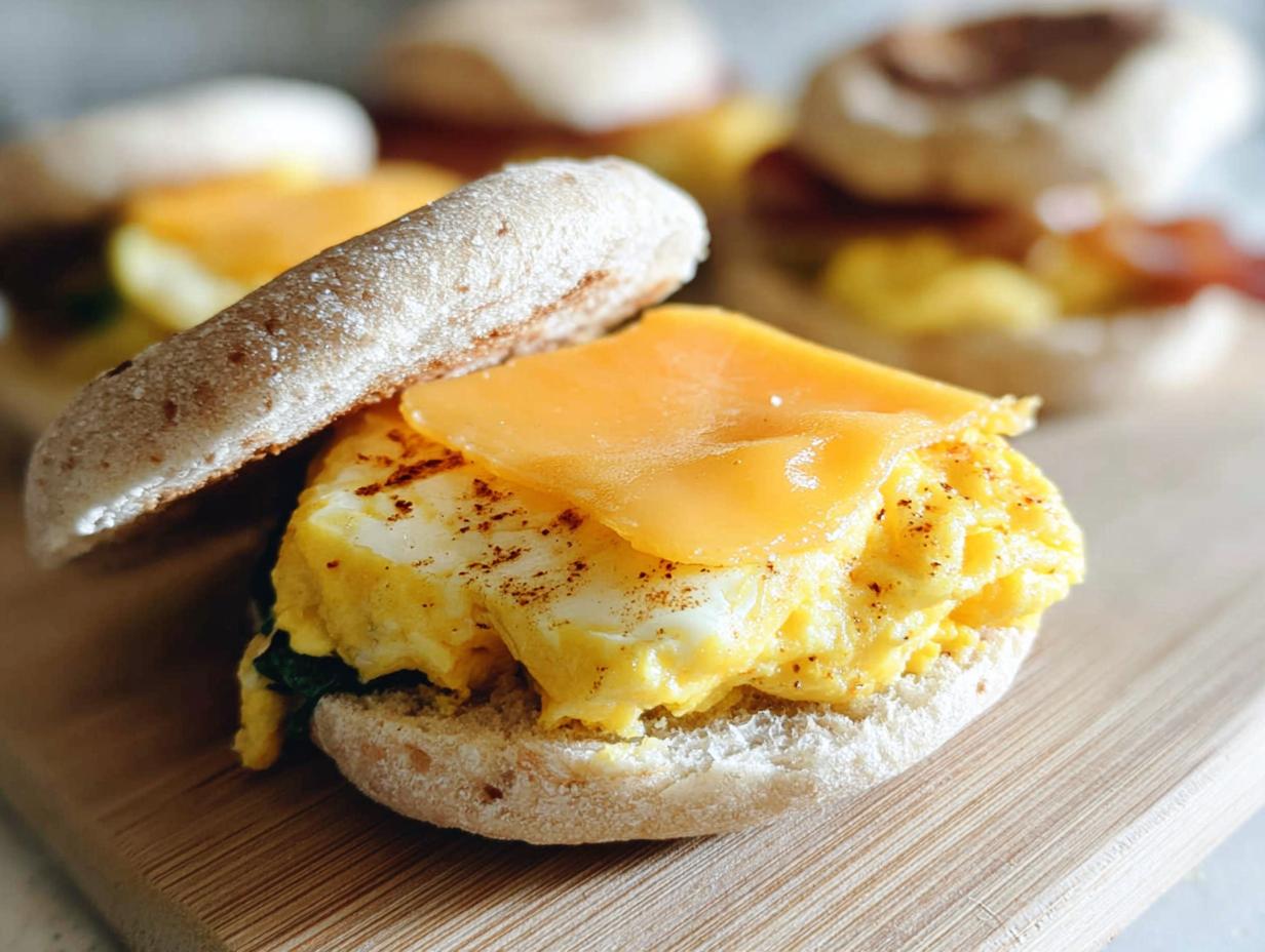 Close-up of a Breakfast Sandwich You Can Meal Prep featuring scrambled egg, melted cheddar cheese, and spinach on an English muffin.
