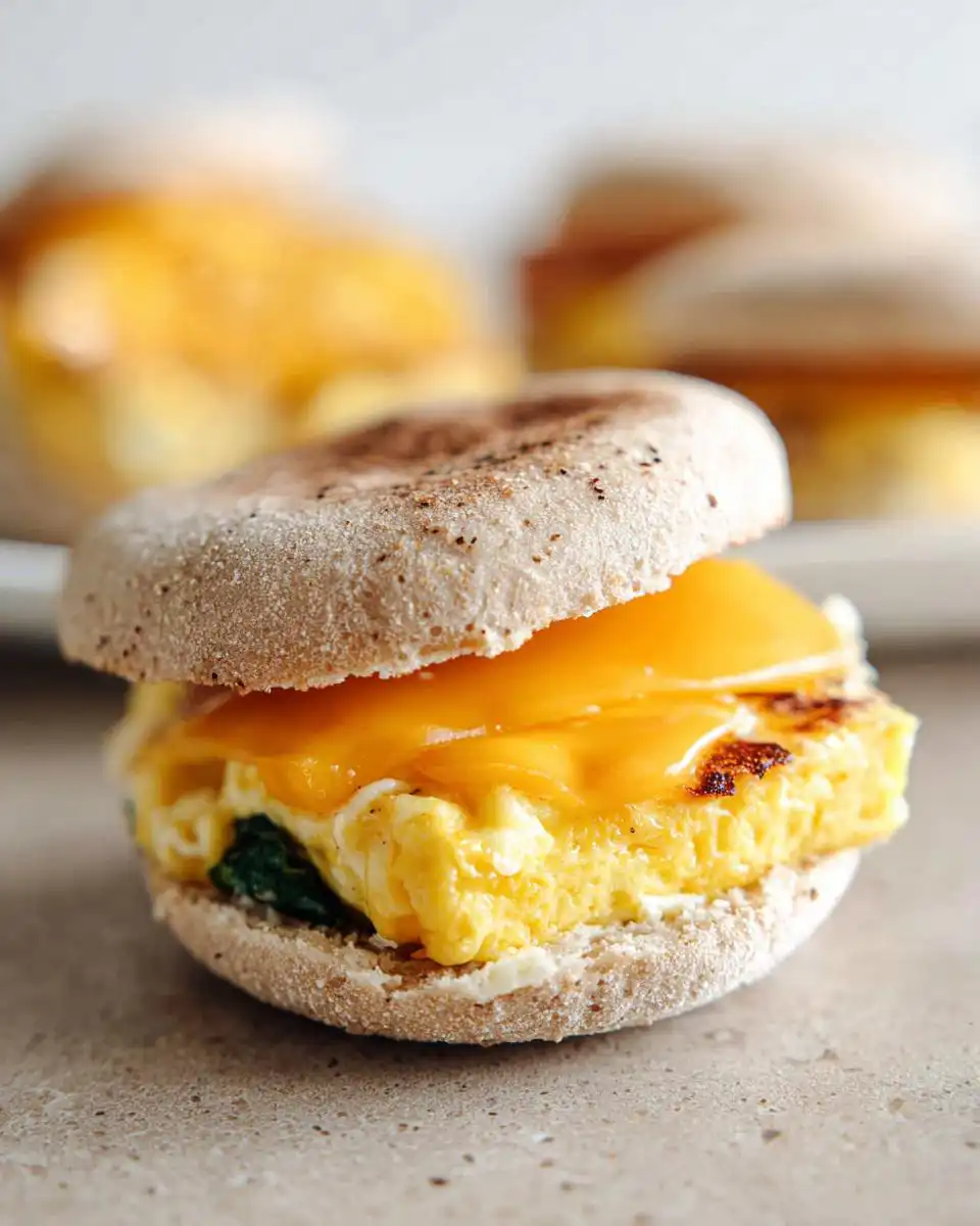 Close-up of a Breakfast Sandwich You Can Meal Prep with fluffy egg, melted cheese, and spinach on an English muffin.