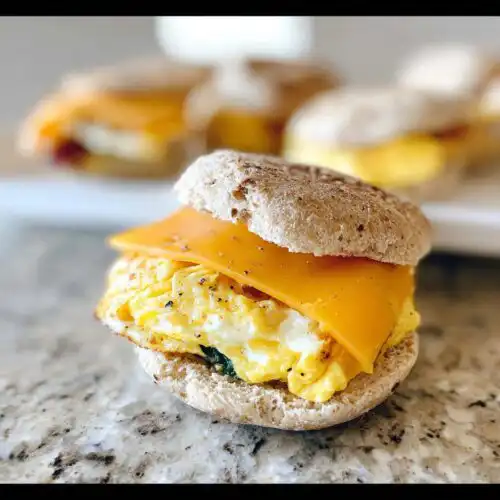 A close-up of a Breakfast Sandwich You Can Meal Prep made with a whole wheat English muffin, folded egg, and American cheese.