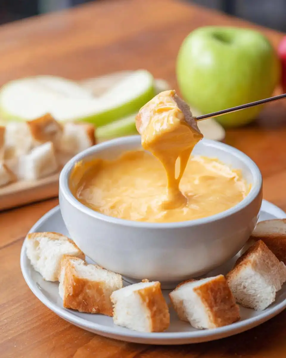 A piece of bread dipped into a bowl of rich, creamy Melting Pot Cheddar Cheese Fondue Copycat, showing a perfect cheese drip.