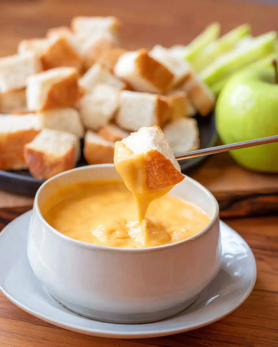 A piece of bread is dipped into a white bowl of rich, orange Melting Pot Cheddar Cheese Fondue Copycat.