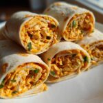 A stack of freshly made Mexican Chicken Pinwheels, sliced to show the shredded, orange-sauced chicken filling inside a tortilla.