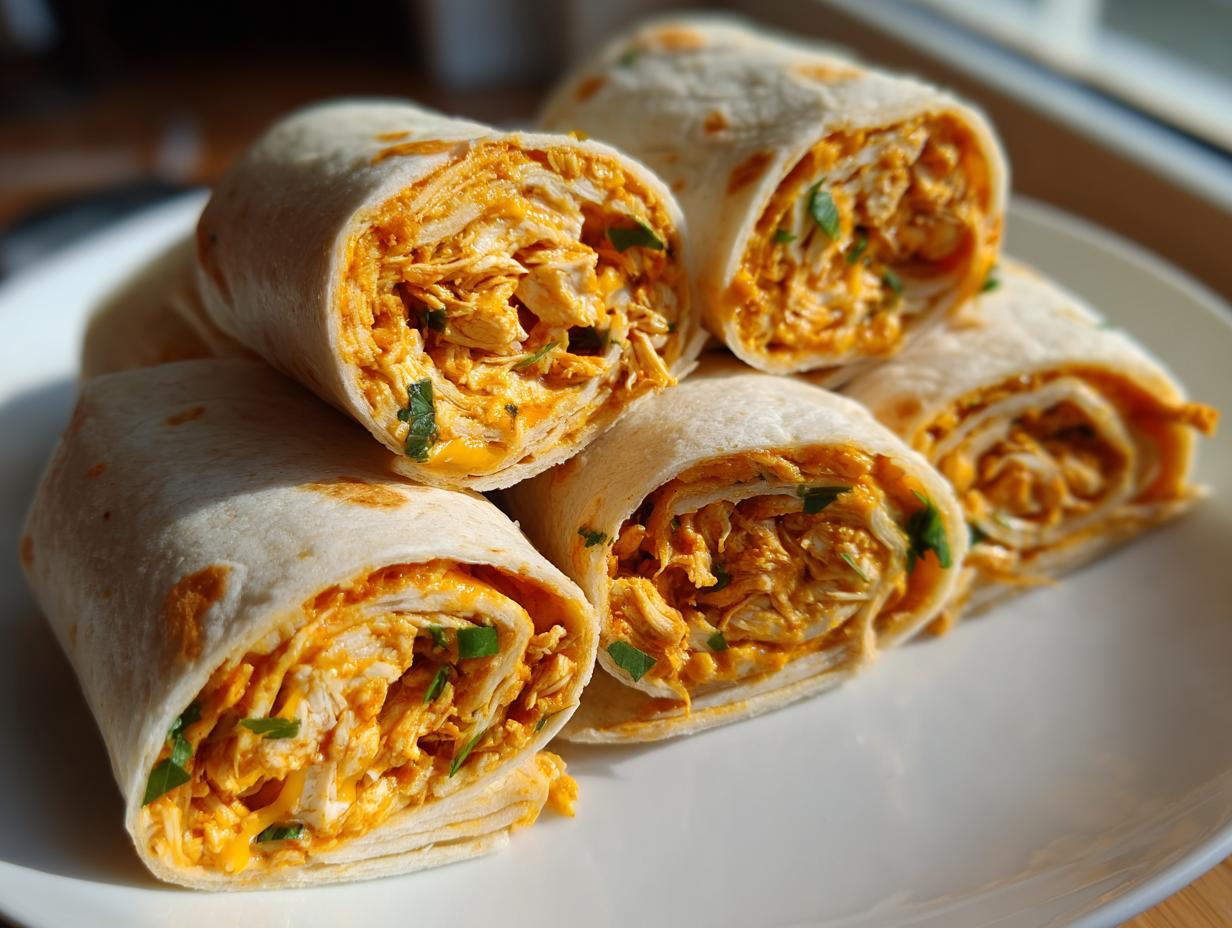 A stack of freshly made Mexican Chicken Pinwheels, sliced to show the shredded, orange-sauced chicken filling inside a tortilla.