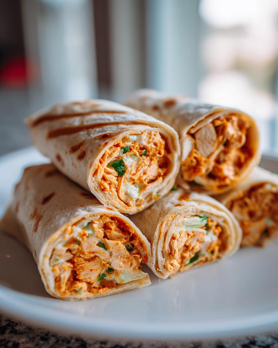 A stack of grilled Mexican Chicken Pinwheels filled with orange-spiced chicken and green herbs, served on a white plate.