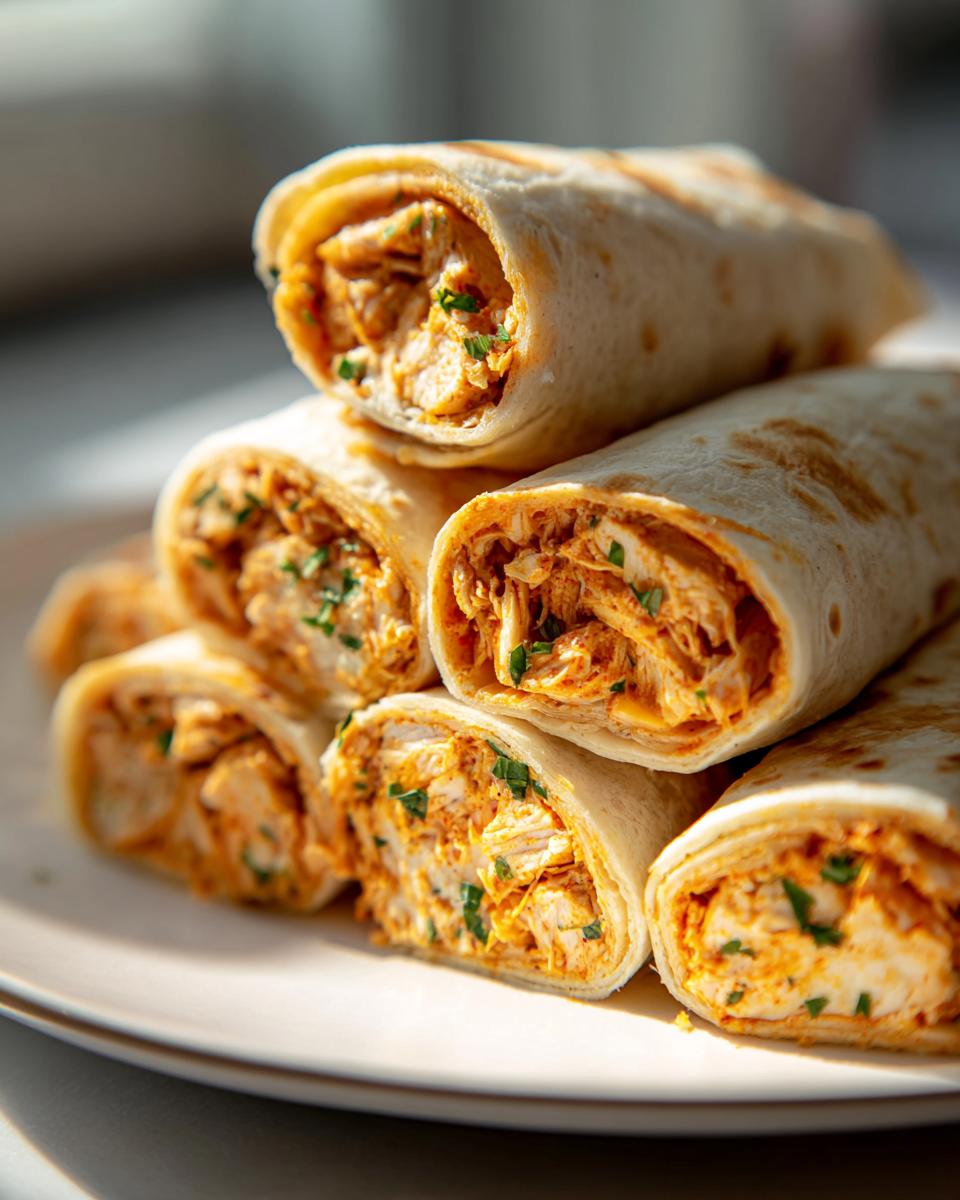 A stack of freshly made Mexican Chicken Pinwheels showing shredded seasoned chicken filling and green herbs.