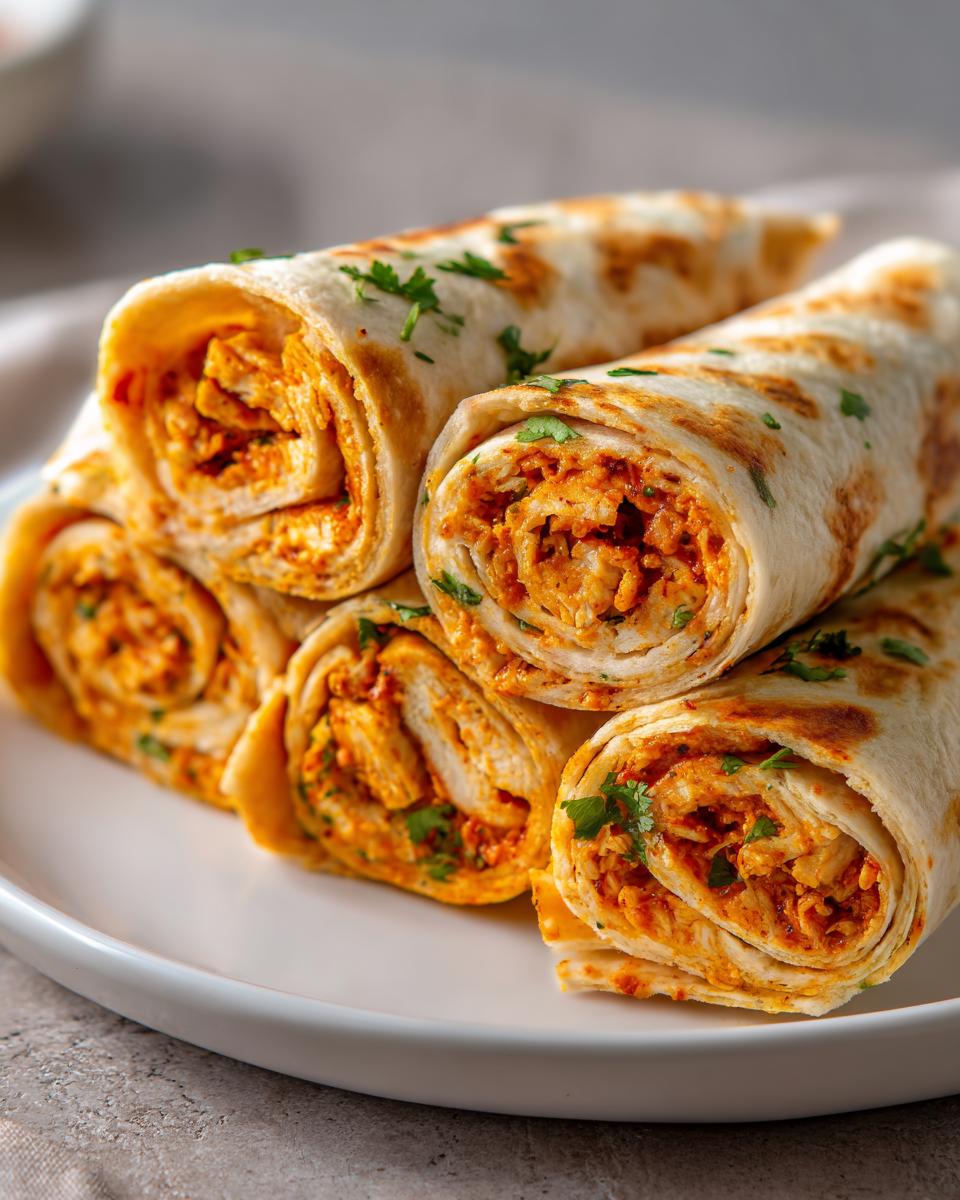A stack of freshly made Mexican Chicken Pinwheels, showing the orange seasoned chicken filling inside a rolled tortilla, garnished with parsley.