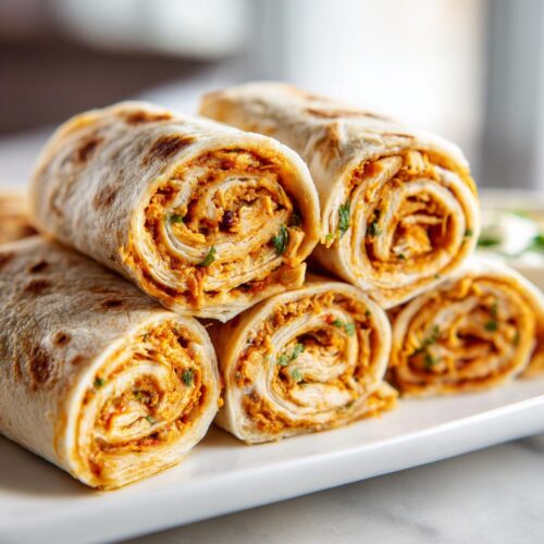 Close-up of stacked Mexican Chicken Pinwheels showing the orange, spiced chicken filling rolled tightly in tortillas.