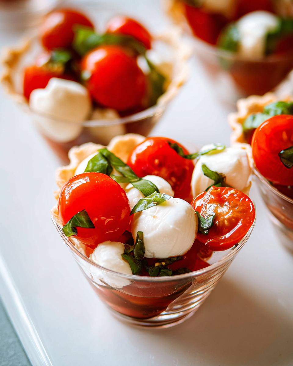 Close-up of a glass serving cup filled with Mini Caprese Cups ingredients: cherry tomatoes, mozzarella balls, and basil.