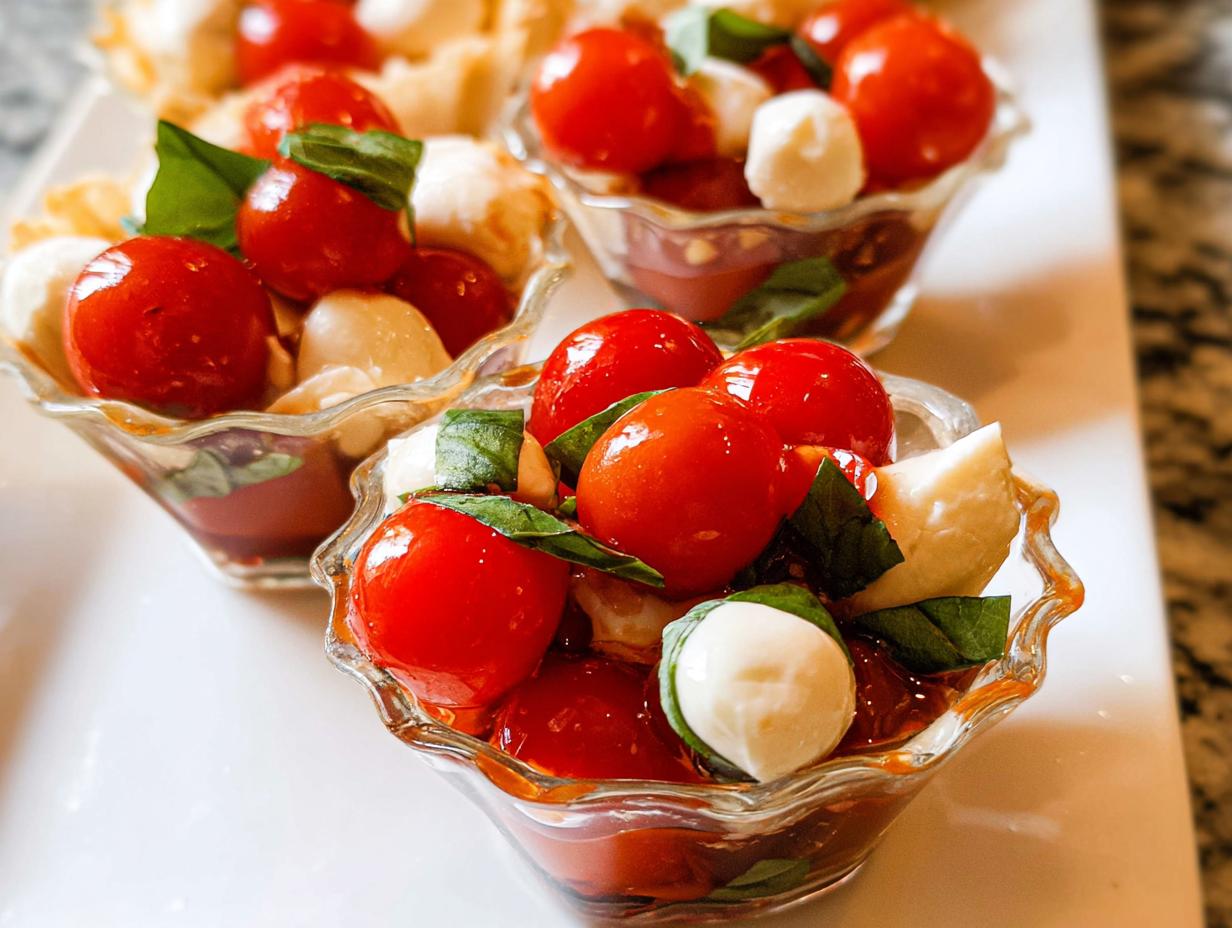 Close-up of vibrant Mini Caprese Cups filled with cherry tomatoes, mozzarella balls, and basil leaves in small glass dishes.