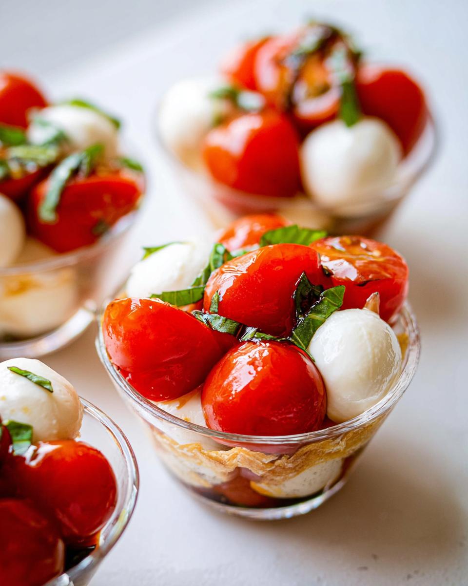 Close-up of vibrant Mini Caprese Cups layered with cherry tomatoes, mozzarella balls, and fresh basil.