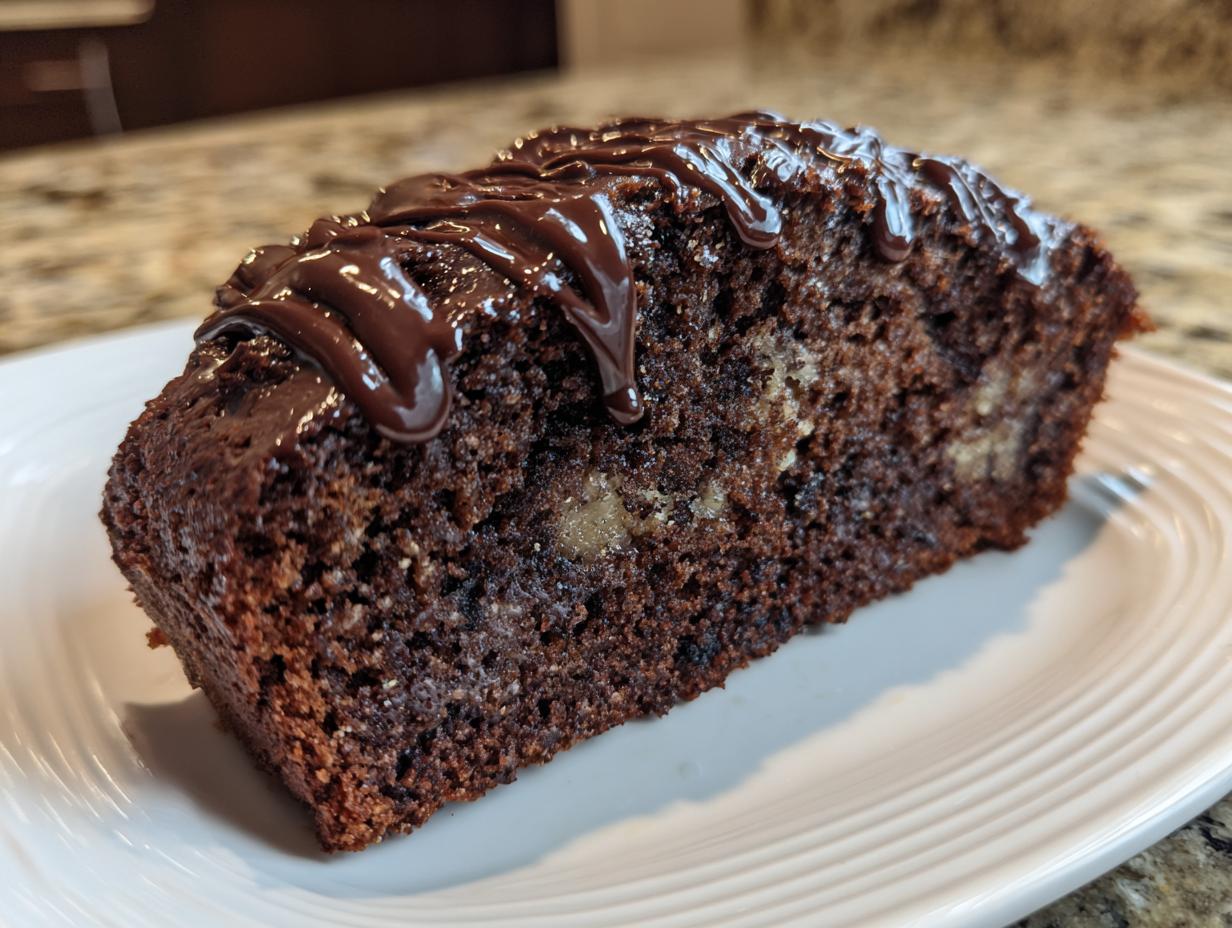 Close-up of a slice of Moist Chocolate Banana Cake topped with a rich chocolate glaze drizzle.