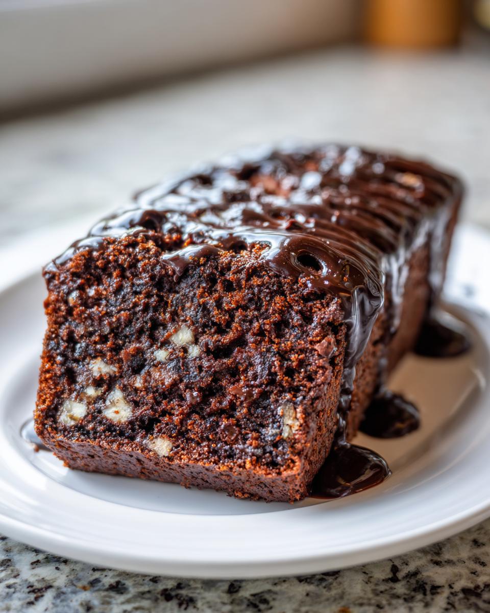 A close-up of a slice of Moist Chocolate Banana Cake topped with rich chocolate glaze.