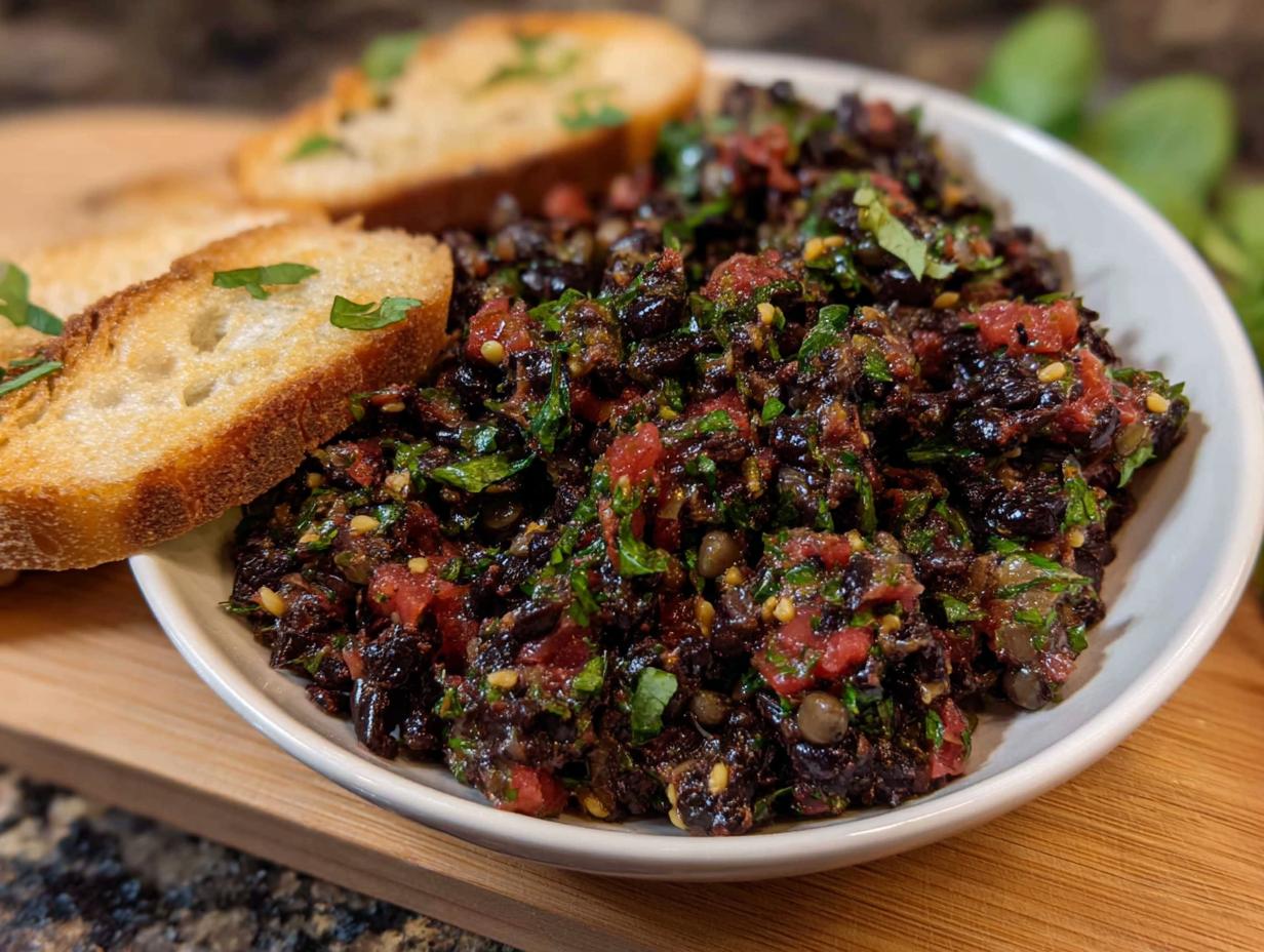 A bowl of chunky Olive Tapenade Bruschetta Dip served with slices of toasted baguette.