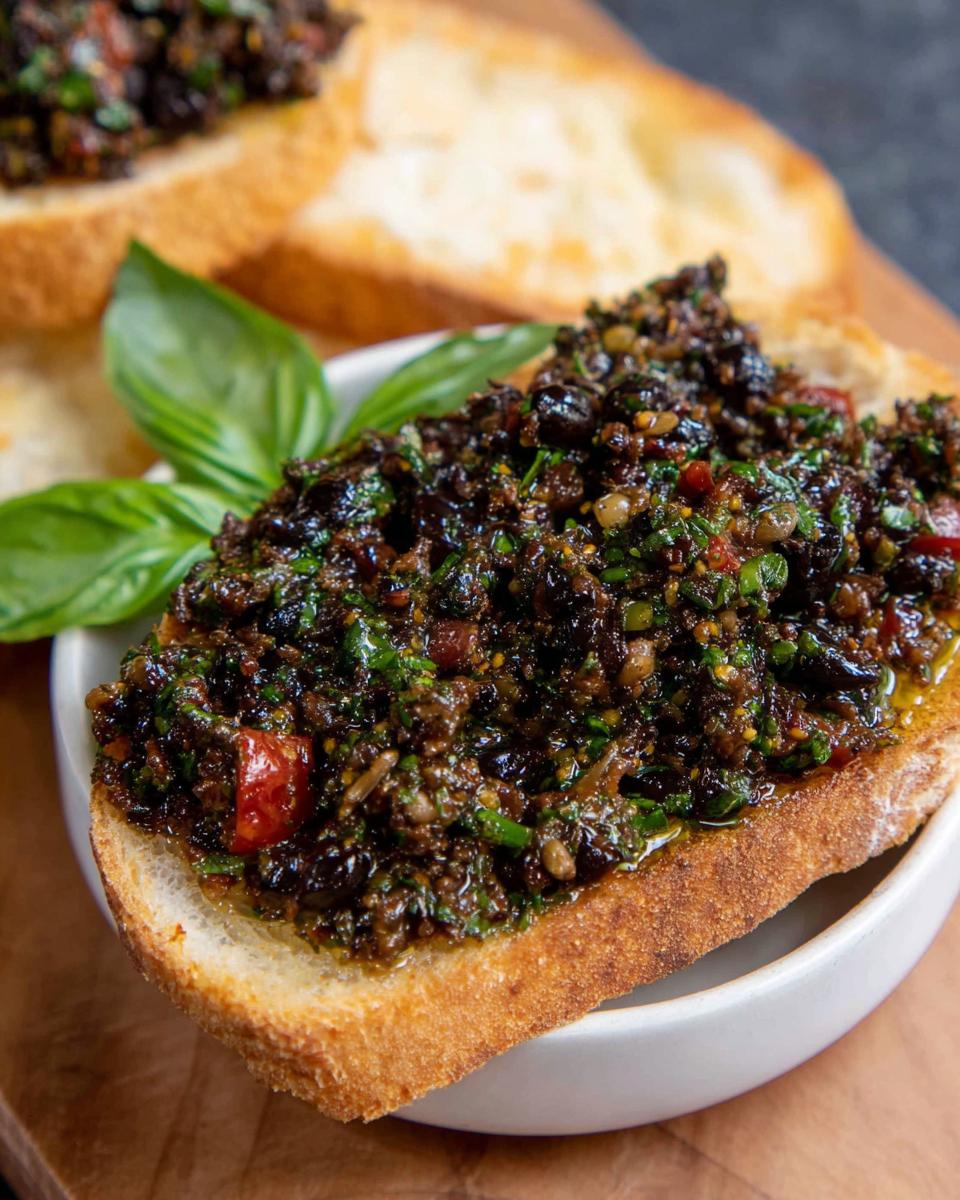 A thick spread of chunky Olive Tapenade Bruschetta Dip generously layered on a slice of toasted baguette.