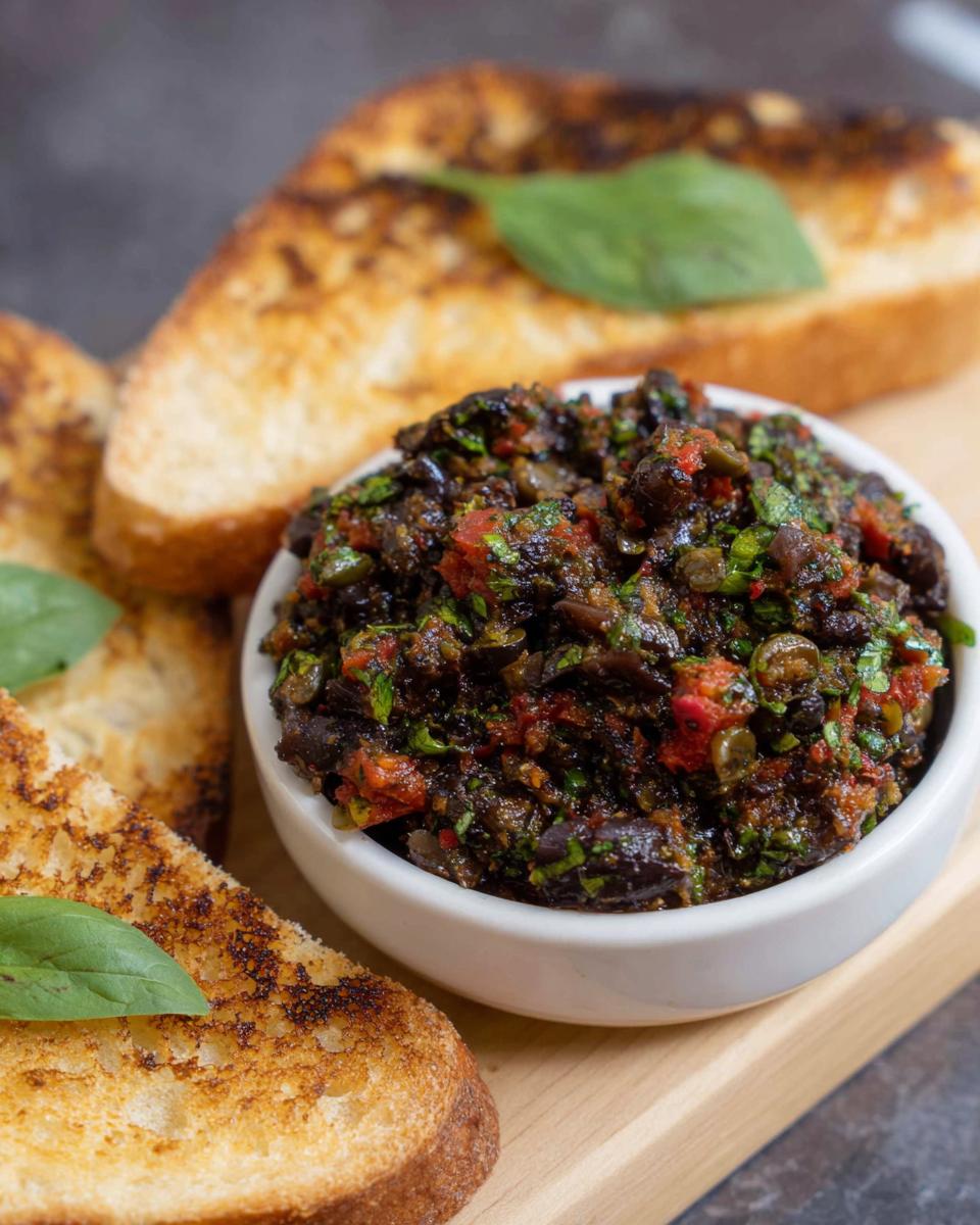 A bowl of chunky Olive Tapenade Bruschetta Dip served alongside slices of toasted bread garnished with basil.