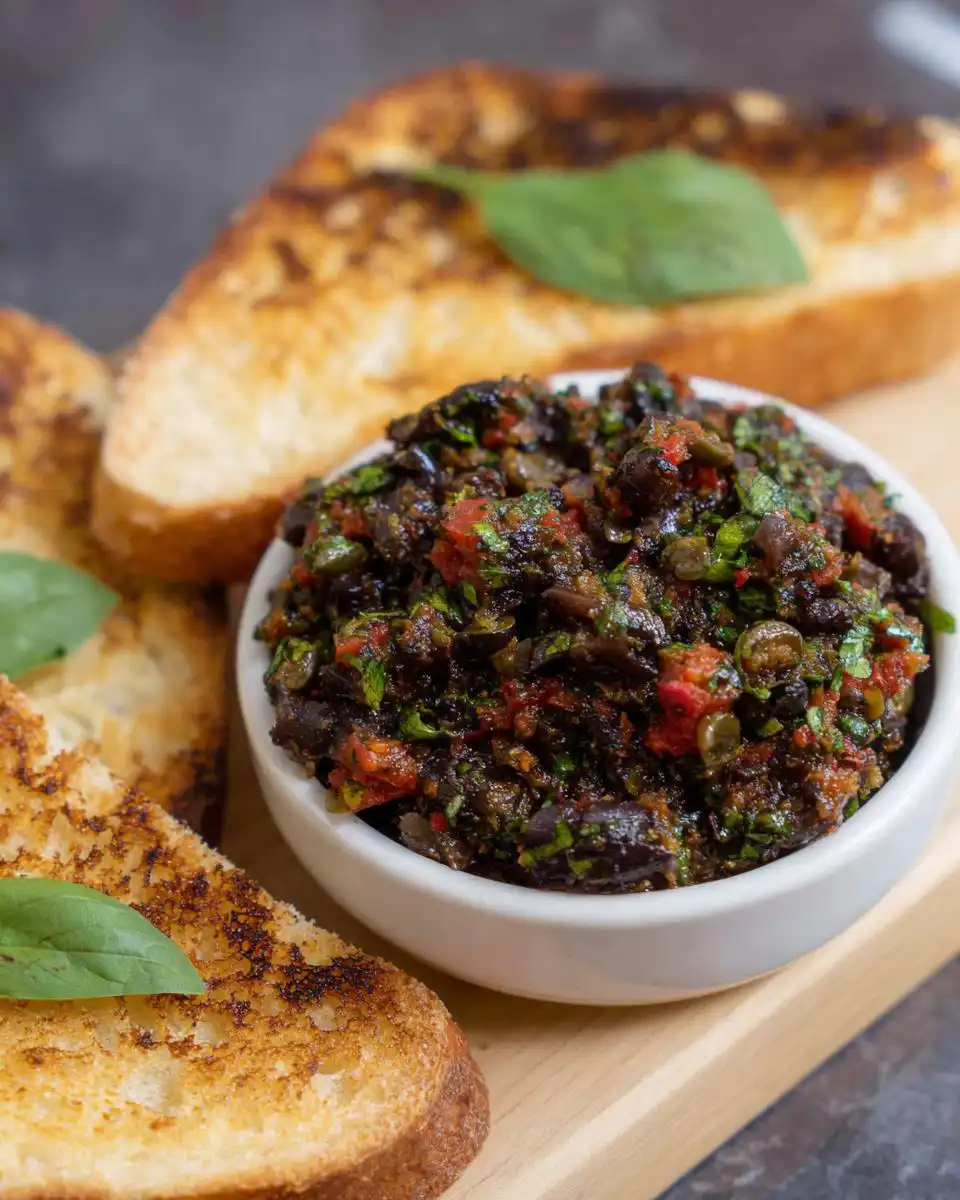 A bowl of chunky Olive Tapenade Bruschetta Dip served alongside slices of toasted bread garnished with basil.