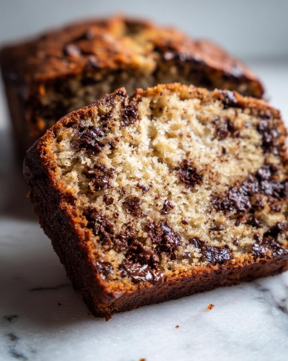 Close-up of a moist slice of One-Bowl Chocolate Chip Banana Bread showing melted chocolate chips throughout the crumb.