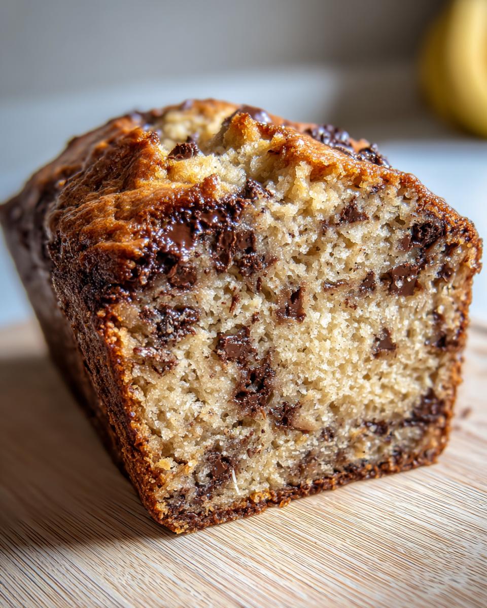 Close-up of a slice of moist One-Bowl Chocolate Chip Banana Bread showing melted chocolate chips throughout.