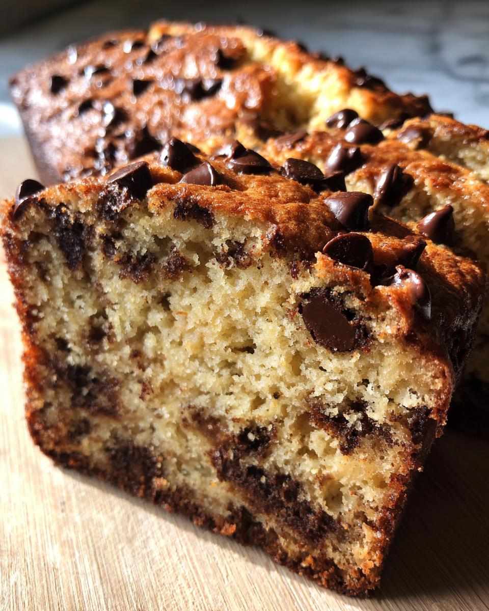 Close-up of a moist slice of One-Bowl Chocolate Chip Banana Bread showing melted chocolate chips throughout the crumb.
