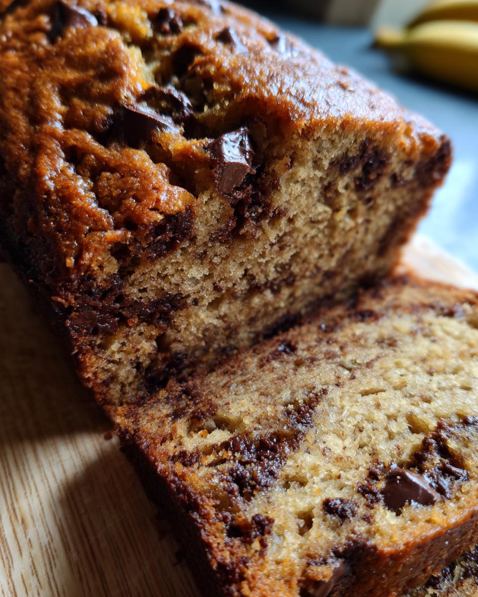 Close-up of a moist slice of One-Bowl Chocolate Chip Banana Bread showing rich texture and melted chocolate chunks.