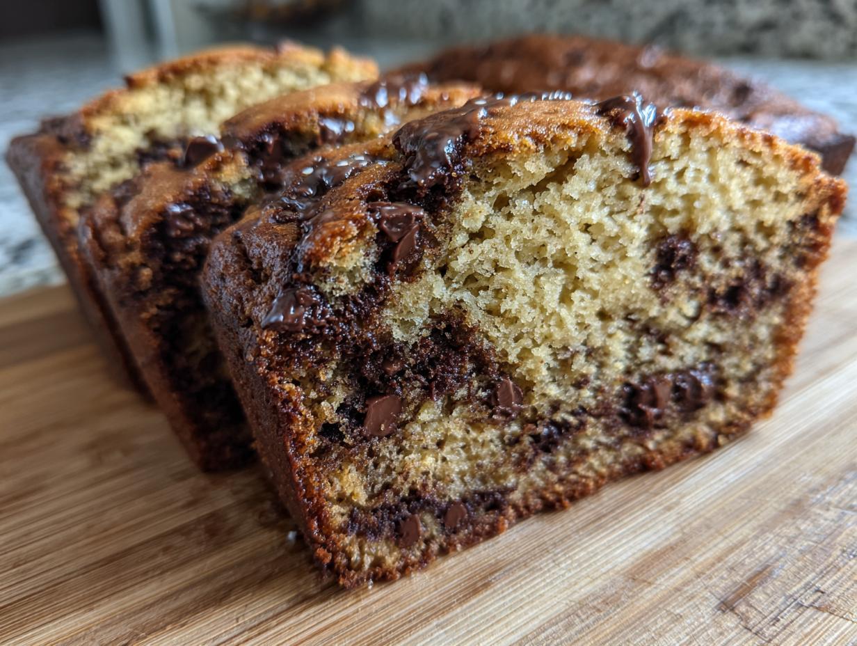 Close-up of three slices of moist One-Bowl Chocolate Chip Banana Bread on a wooden board.