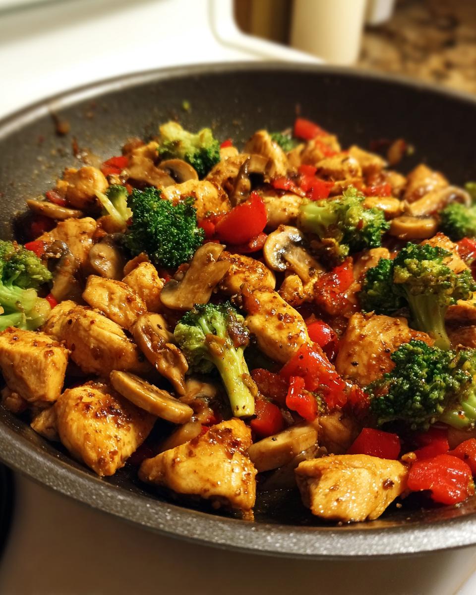 Close-up of seasoned chicken pieces, broccoli florets, mushrooms, and red peppers cooking in a skillet for a One-Dish Chicken Keto Dinner.
