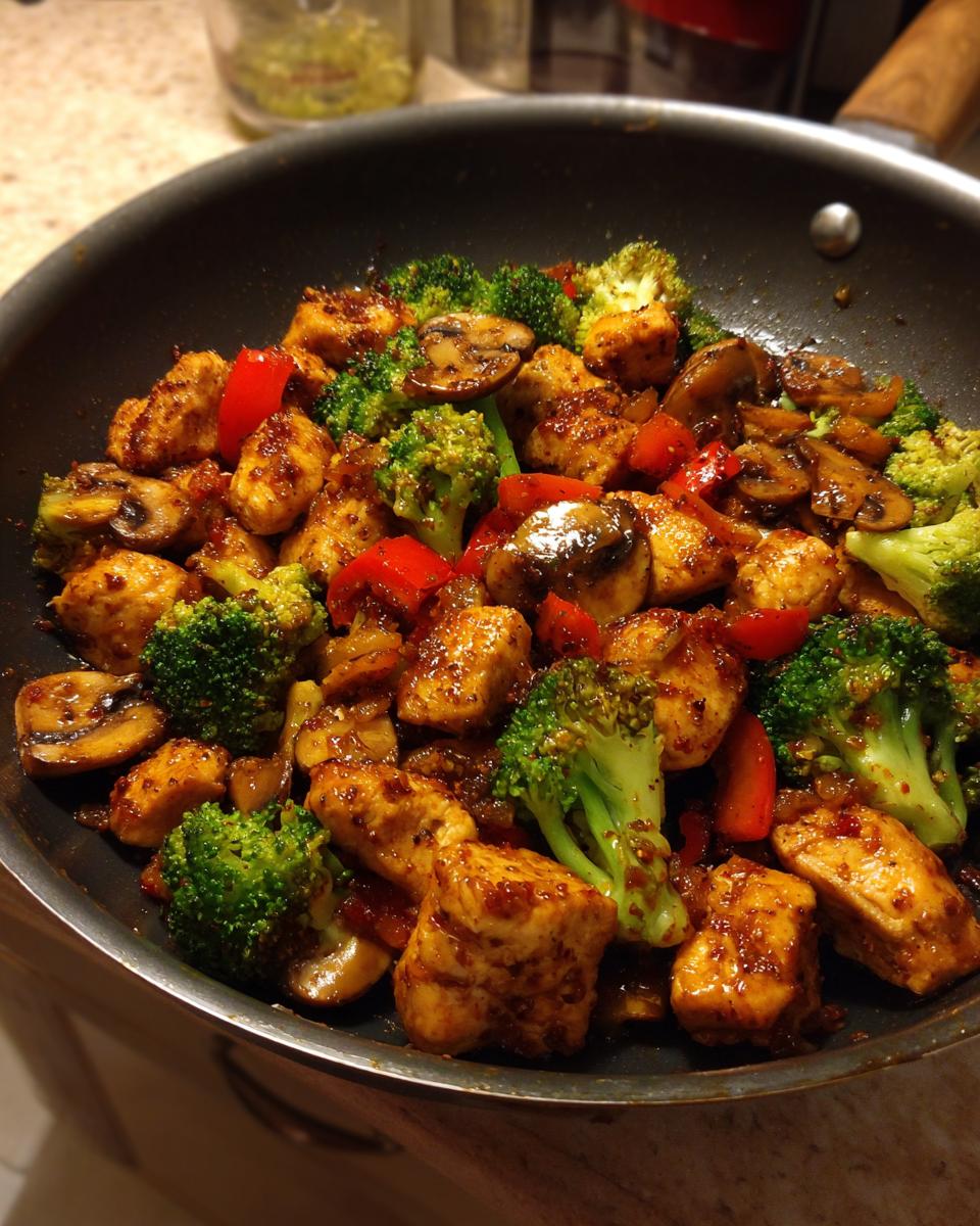 Close-up of seasoned chicken pieces stir-fried with broccoli, mushrooms, and red peppers in a black skillet for a One-Dish Chicken Keto Dinner.