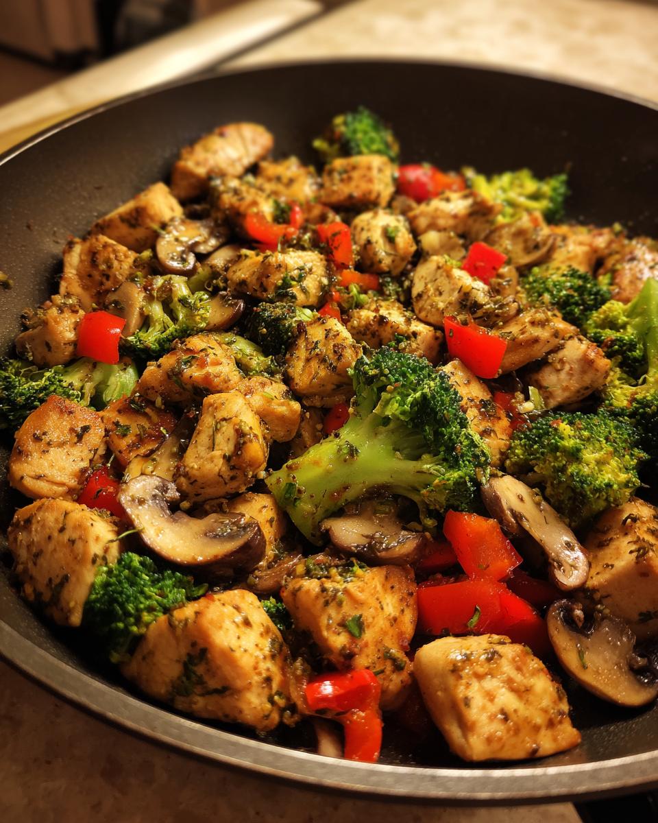 Close-up of seasoned chicken pieces mixed with broccoli, mushrooms, and red peppers in a skillet, perfect for a One-Dish Chicken Keto Dinner.